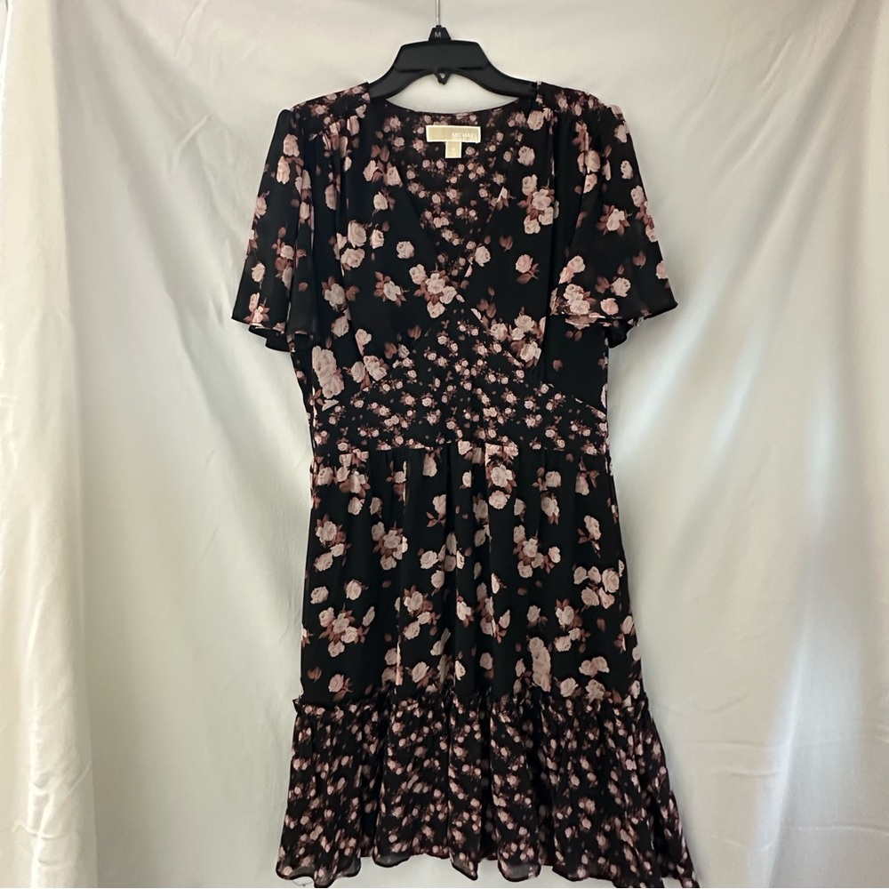 Michael Kors Black and Pink Floral Midi Dress